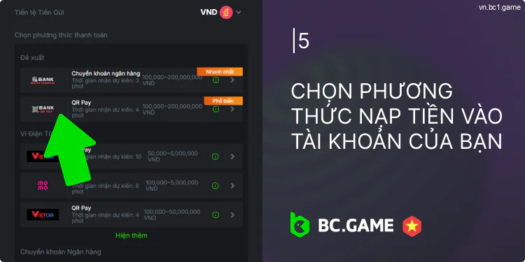 Chọn phương thức thanh toán từ danh sách BC.Game