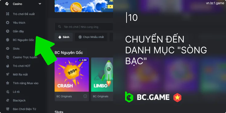 Chọn phần sòng bạc từ danh sách BC.Game