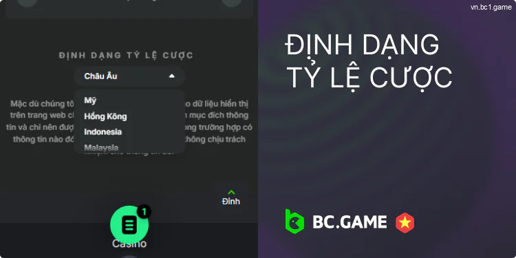 Các định dạng tỷ lệ cược cho ứng dụng BC.Games